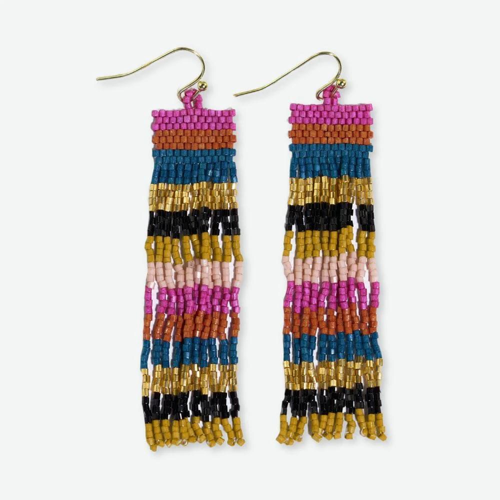 Billie Mixed Horizontal Stripes Beaded Fringe Earrings - Jewel Tone