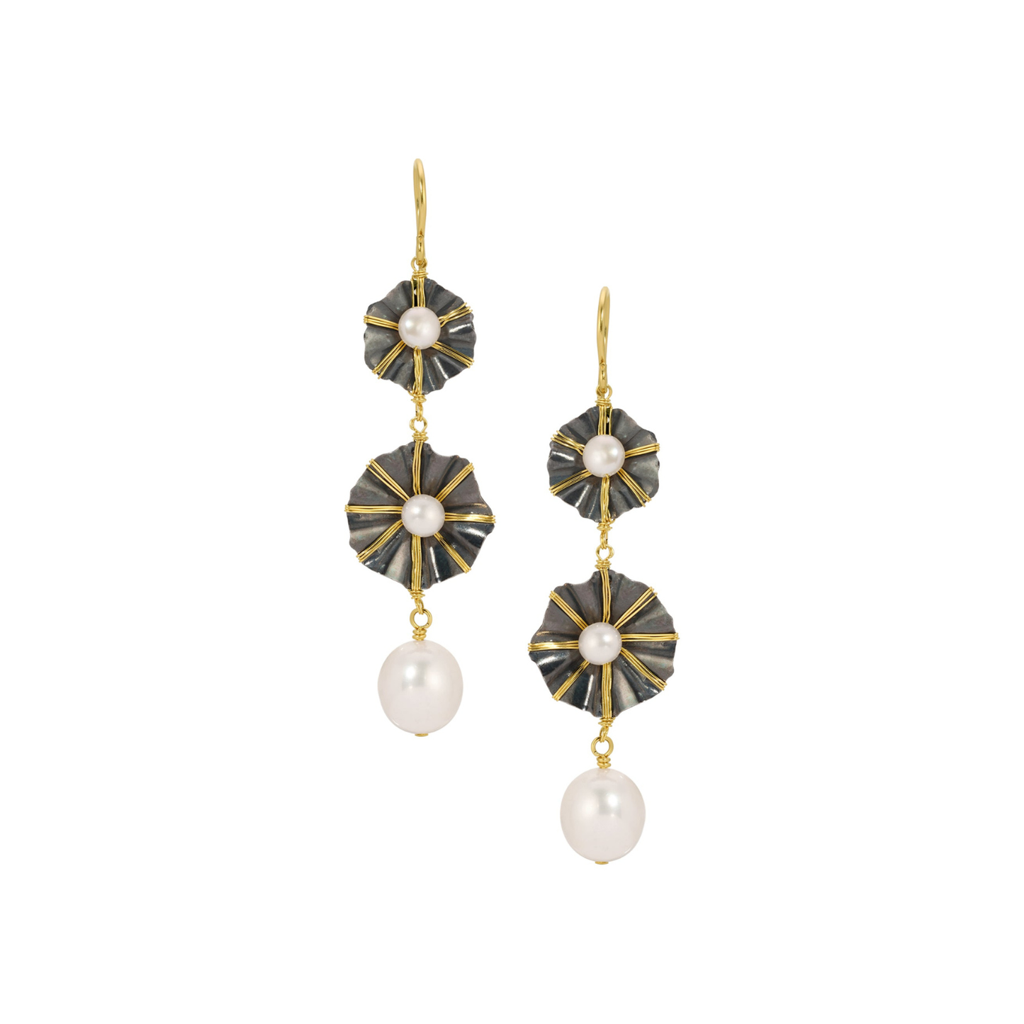 Two Fluted Disks with Pearls Earring