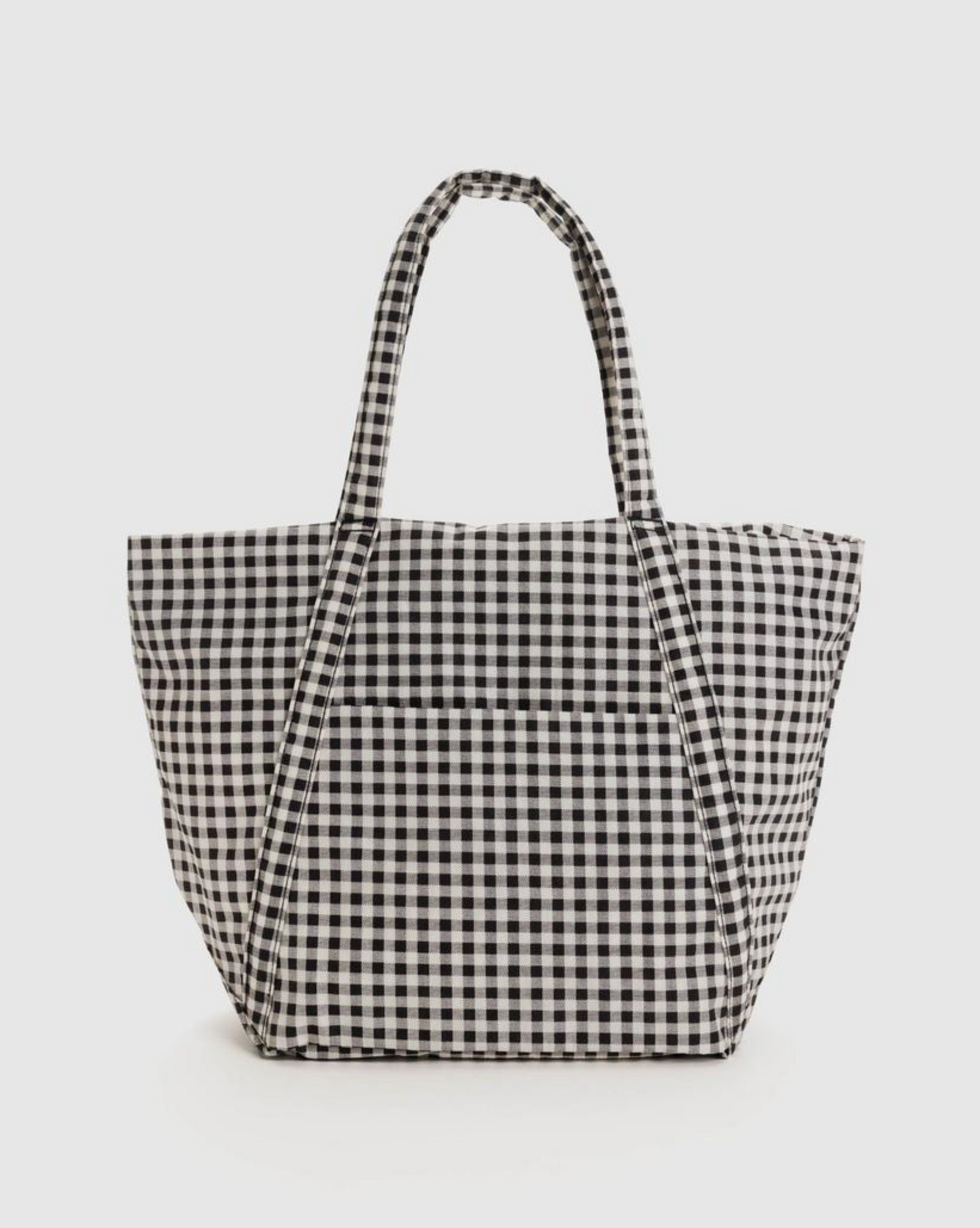Gingham tote bag in black-and-white check with wide handles, open top