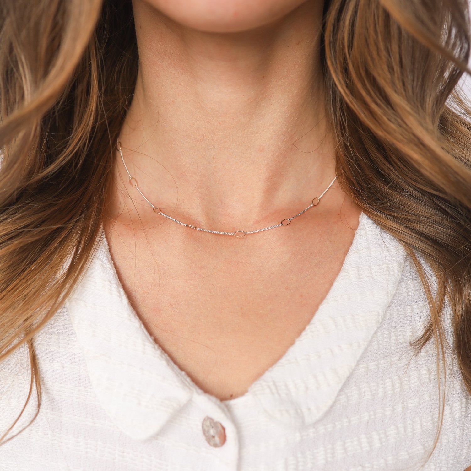 Tiny Oval Chloe Necklace - Sterling with 14 Karat Gold Beads