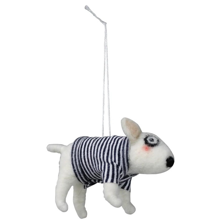 Felt White Dog With Striped Sweater Ornament