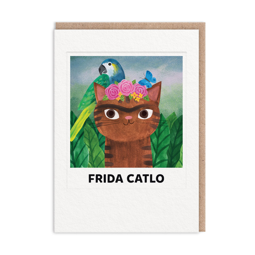 Greeting card with a stylized brown cat wearing flowers and a bird, text FRIDA CATLO