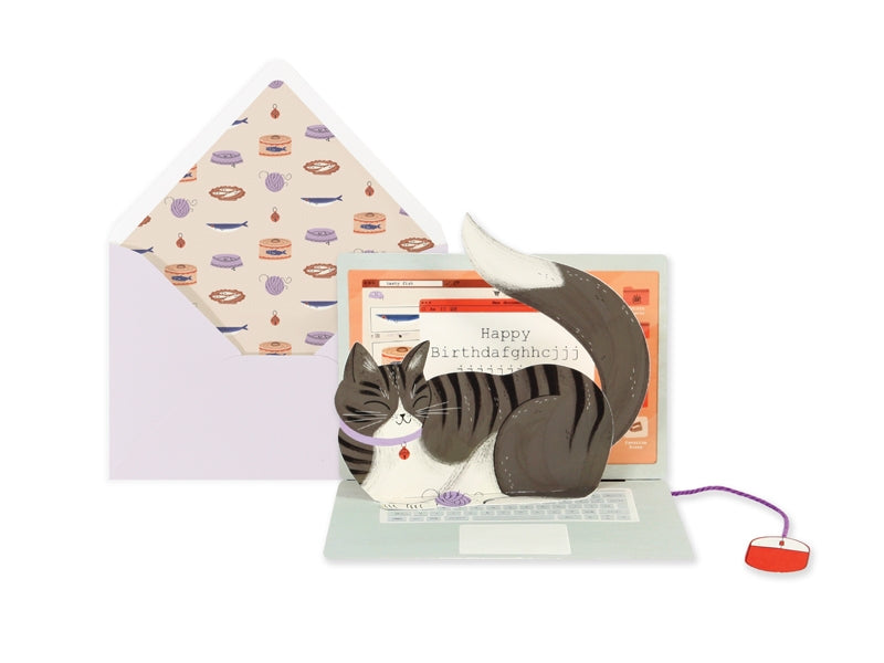 Laptop Cat Birthday Pop-Up Card UWP Luxe