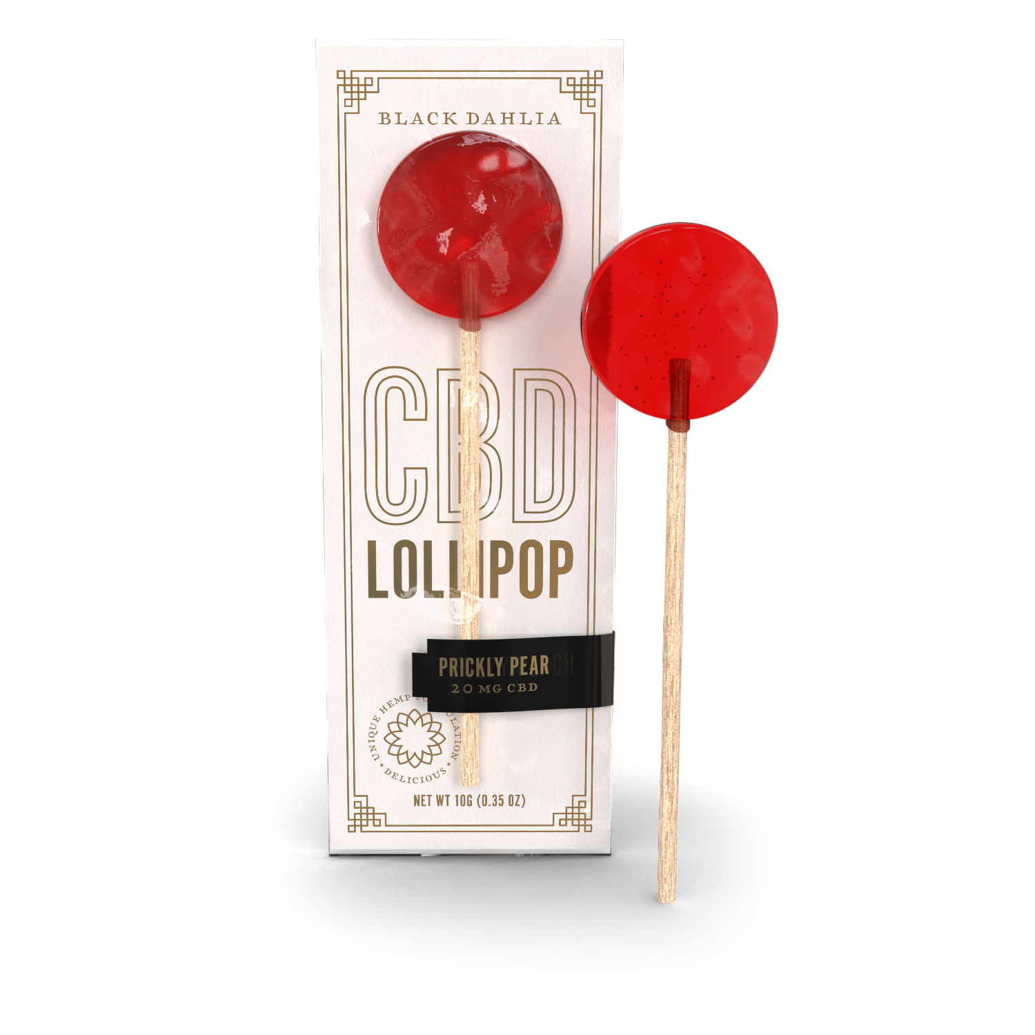 CBD lollipop candy with red prickly pear flavor, on wooden stick and in box