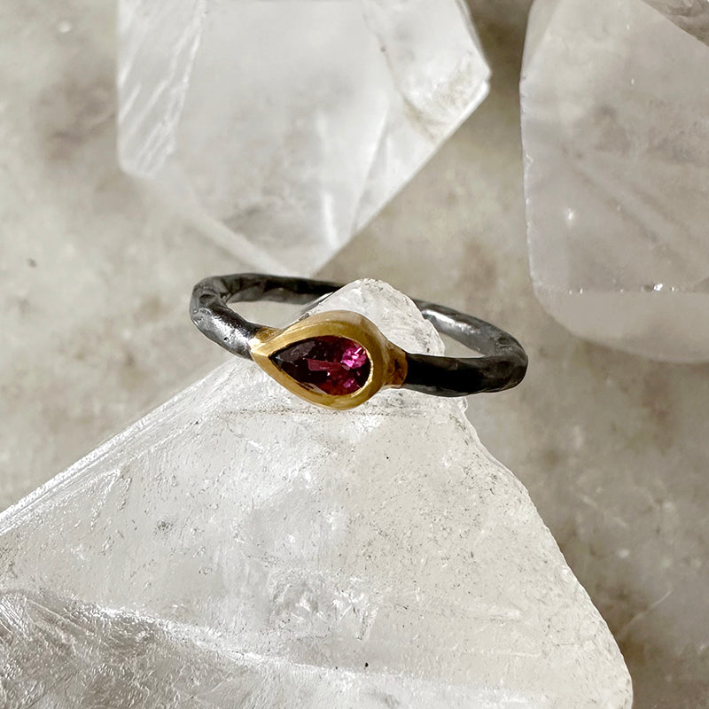 Pink Tourmaline Ring with Oxidized Sterling Silver and Gold Vermeil