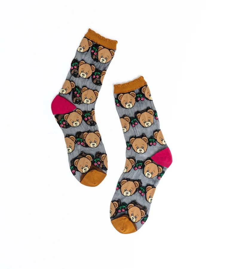 Teddy Bear Ruffle Black Sheer Crew Sock