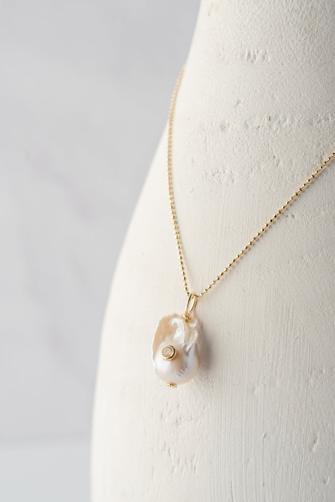 White Baroque Pearl Pendant with White Topaz on Gold Vermeil Chain