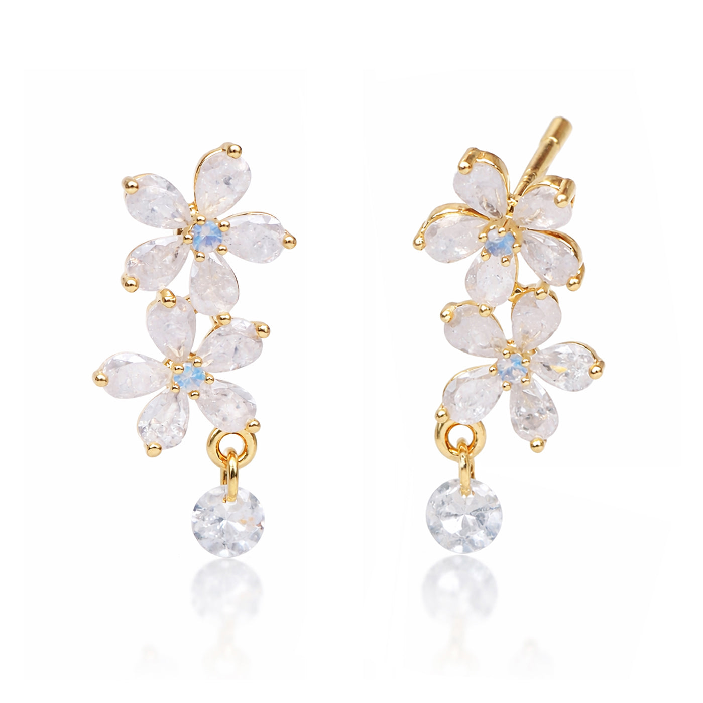 Gold Double Flower and CZ Drop Studs - Gold