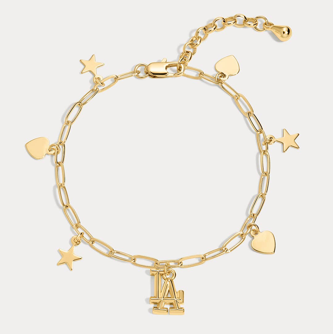 LA/Dodgers + Hearts Logo Charm Bracelet- Gold