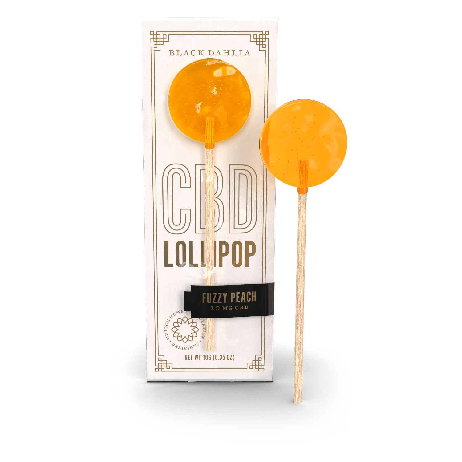 CBD lollipop in orange Fuzzy Peach flavor, 20 mg CBD on box and wrapper