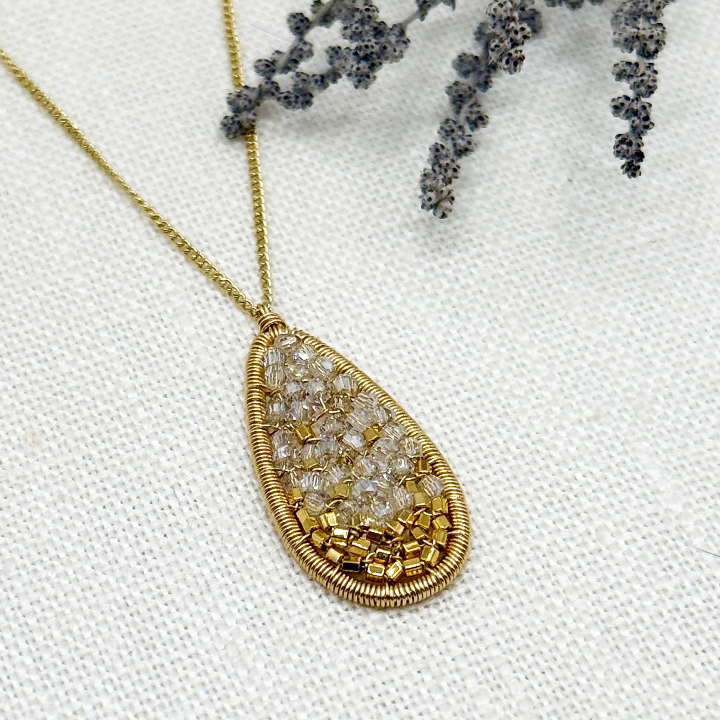 Long Oval Mosaic Pendant with Crystals and Gold Beads