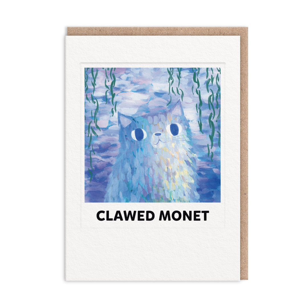 Clawed Monet greeting card with blue cat illustration and 'Clawed Monet' text