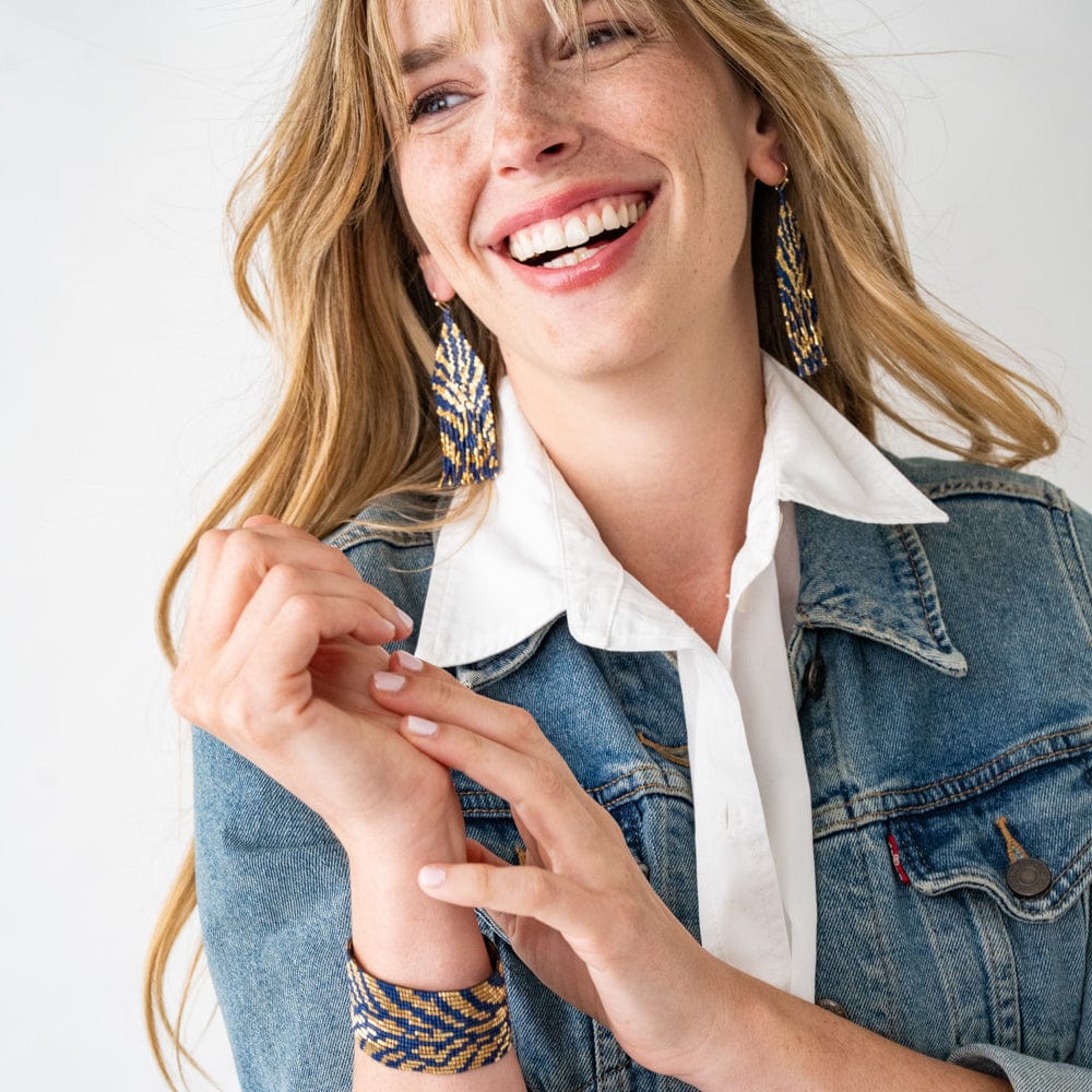 Delilah Beaded Fringe Earrings - Zebra/Gold Navy