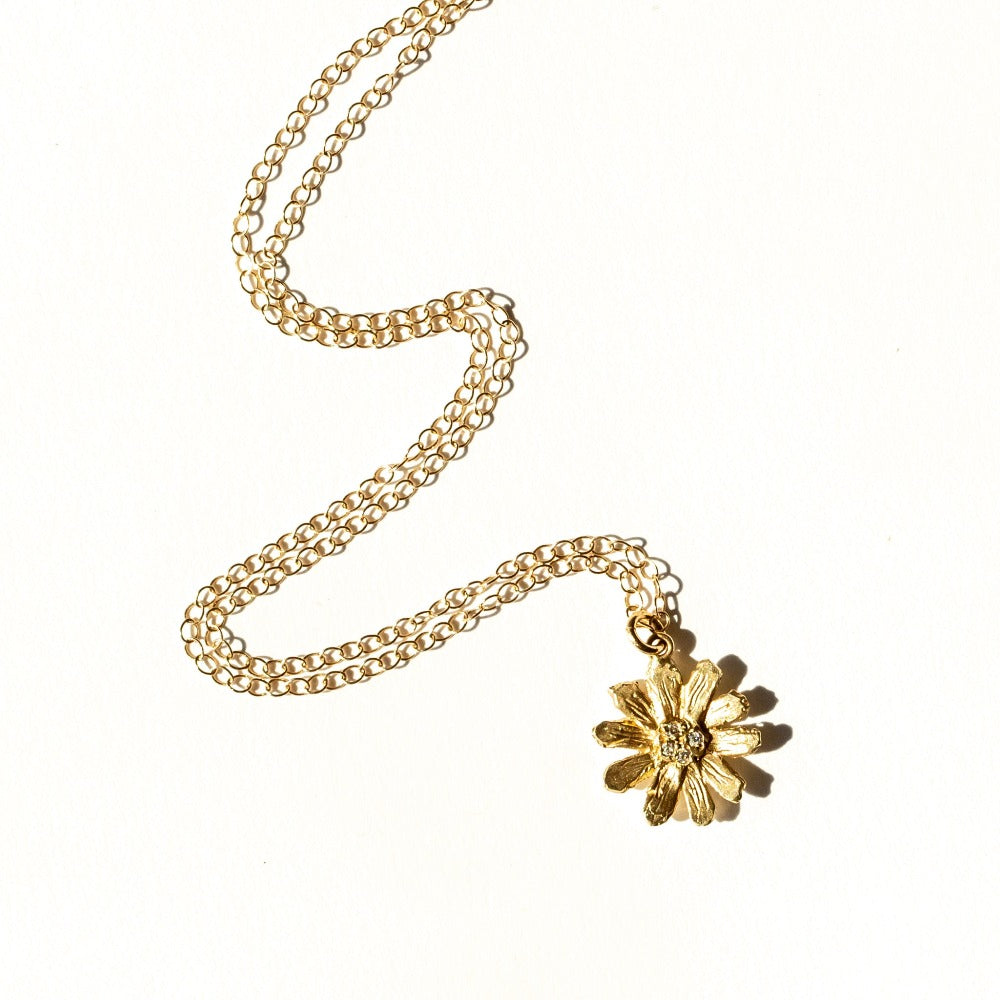 Small Daisy with Diamond - 14 karat gold Necklace