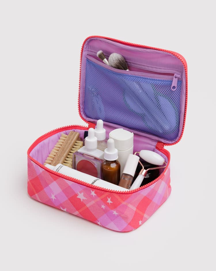 Small Cosmetic Case - Pink Star Plaid