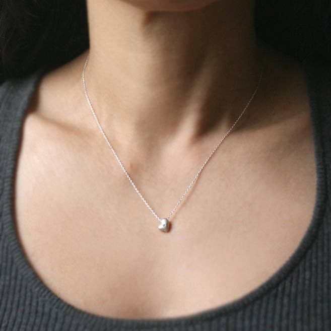 Puffy Heart Necklace in Sterling Silver with Diamonds