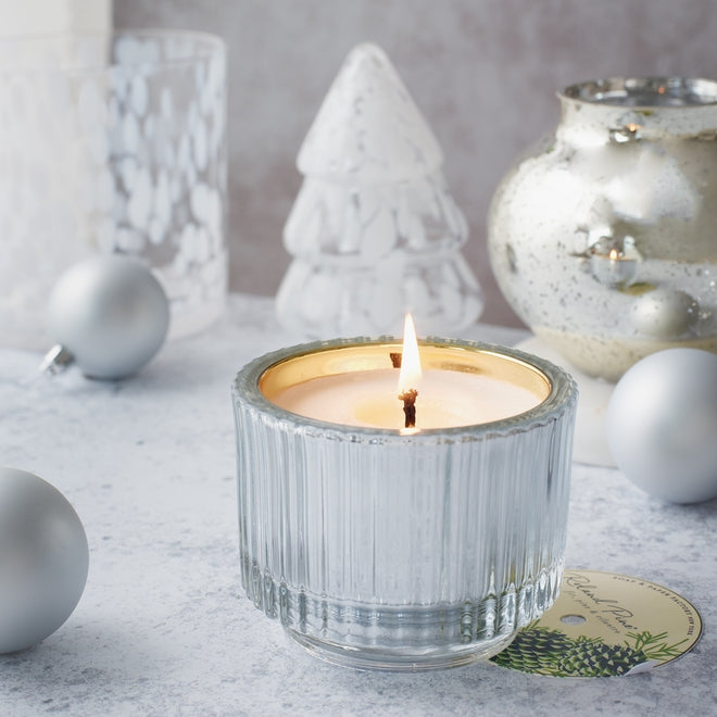 Roland Pine Single-Wick Ribbed Glass Candle - Silver 6 oz