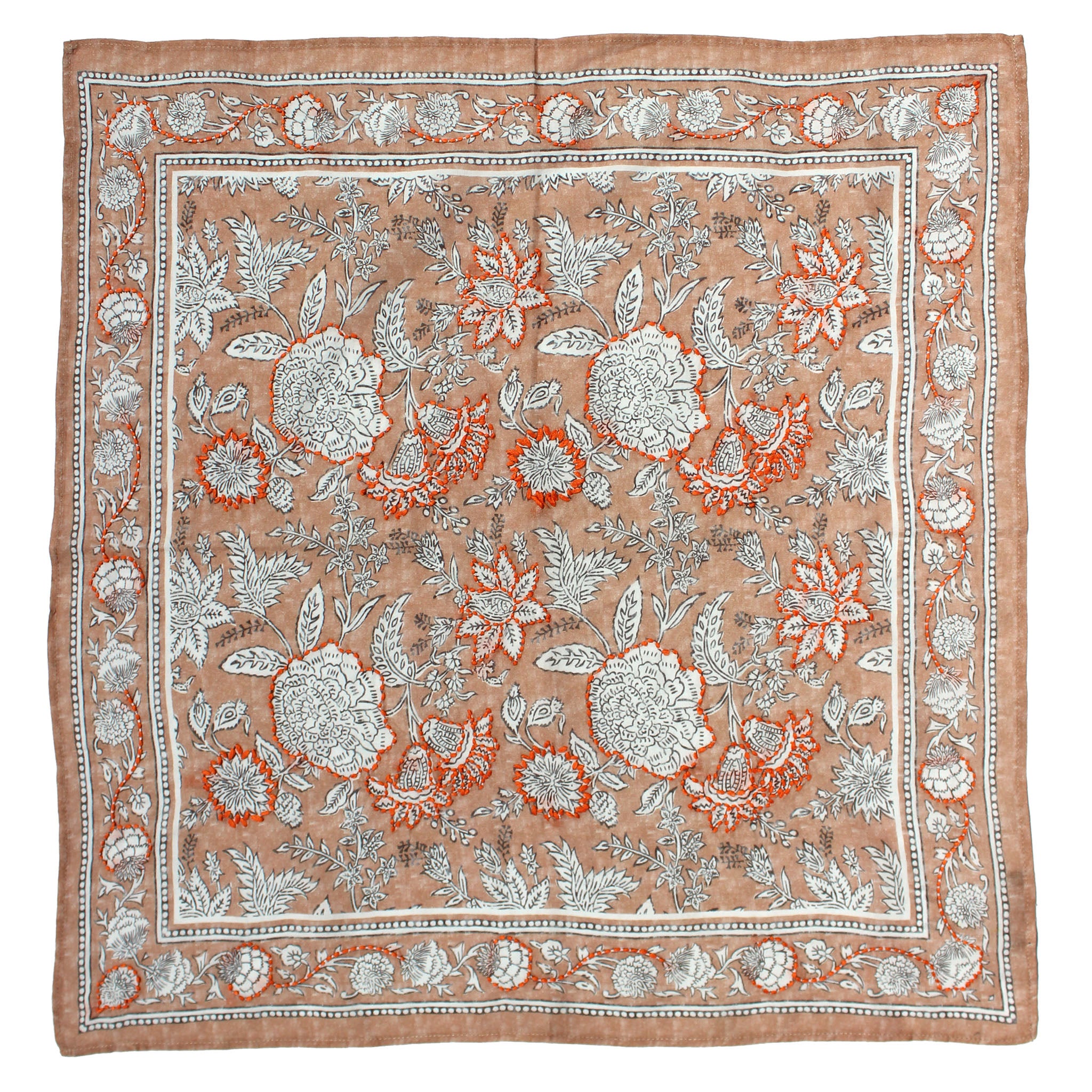 Cotton Embroidered Bandana - Tan Florals Vismaya Inc.