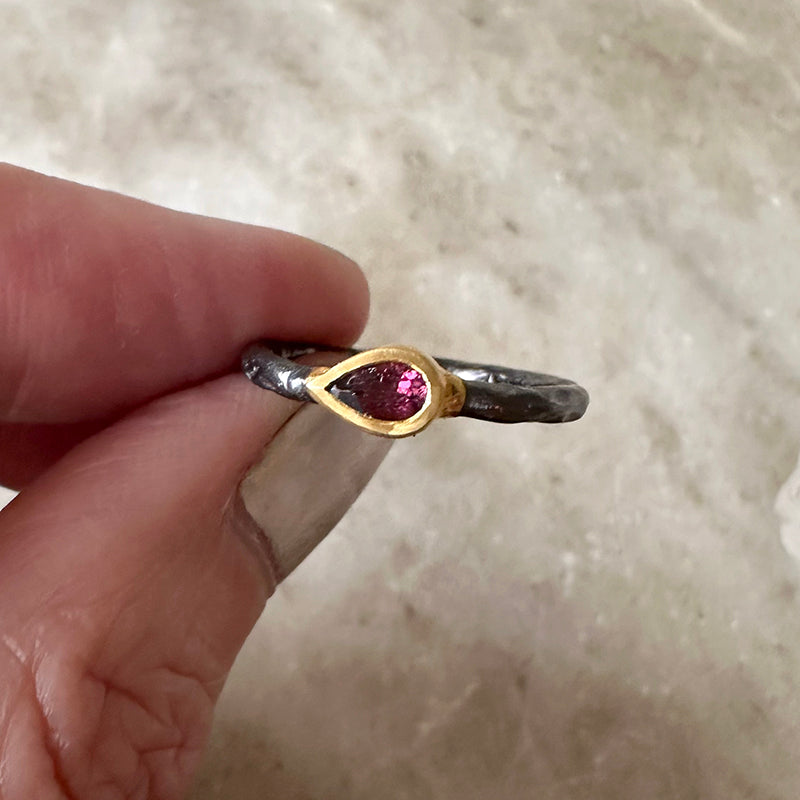 Pink Tourmaline Ring with Oxidized Sterling Silver and Gold Vermeil