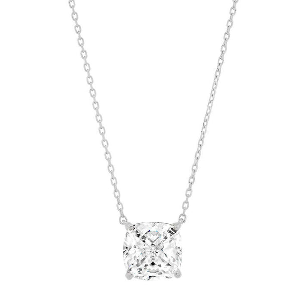 Large Cushion CZ Pendant on Simple Chain Necklace - Sterling Silver