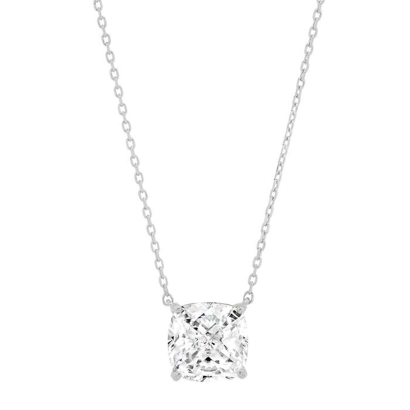 Large Cushion CZ Pendant on Simple Chain Necklace - Sterling Silver