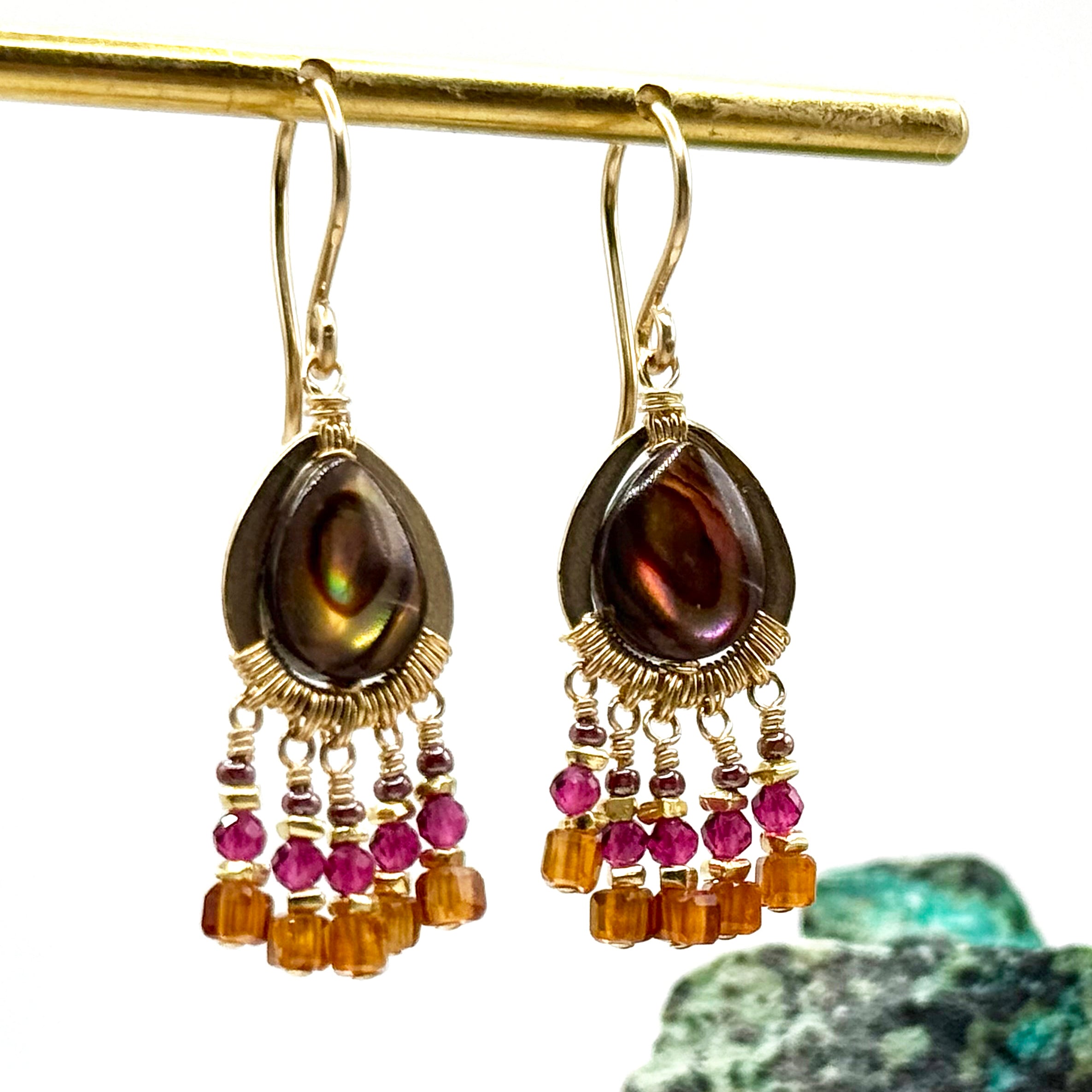 Small Abalone Pear in Frame with Hibiscus Mix Dangles Earring