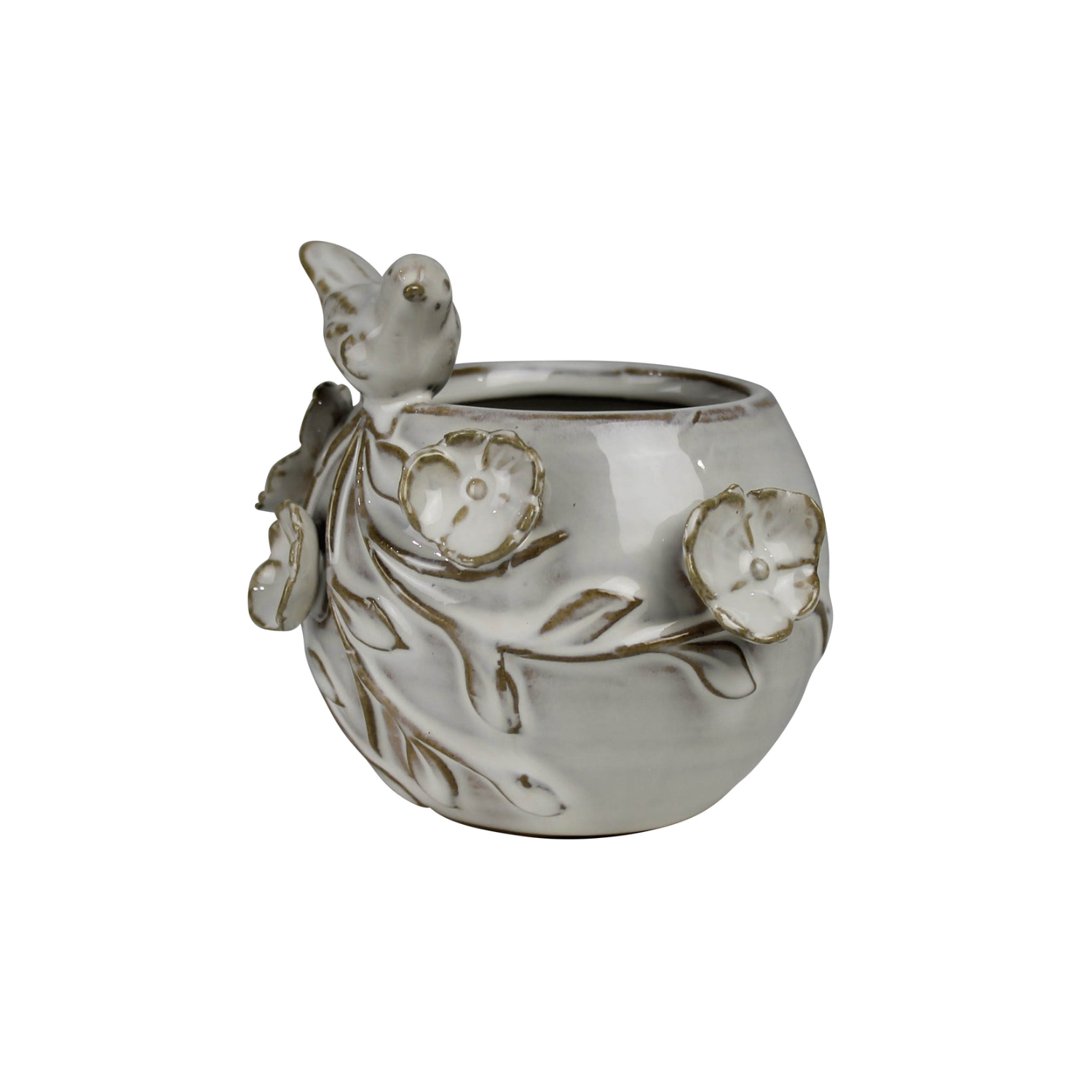 Vase with Ceramic Flowers & Bird