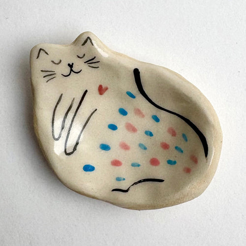 Load image 1 in gallery view. Tiny Handcrafted Ceramic Cat Dish – Creamy Glaze Spotted