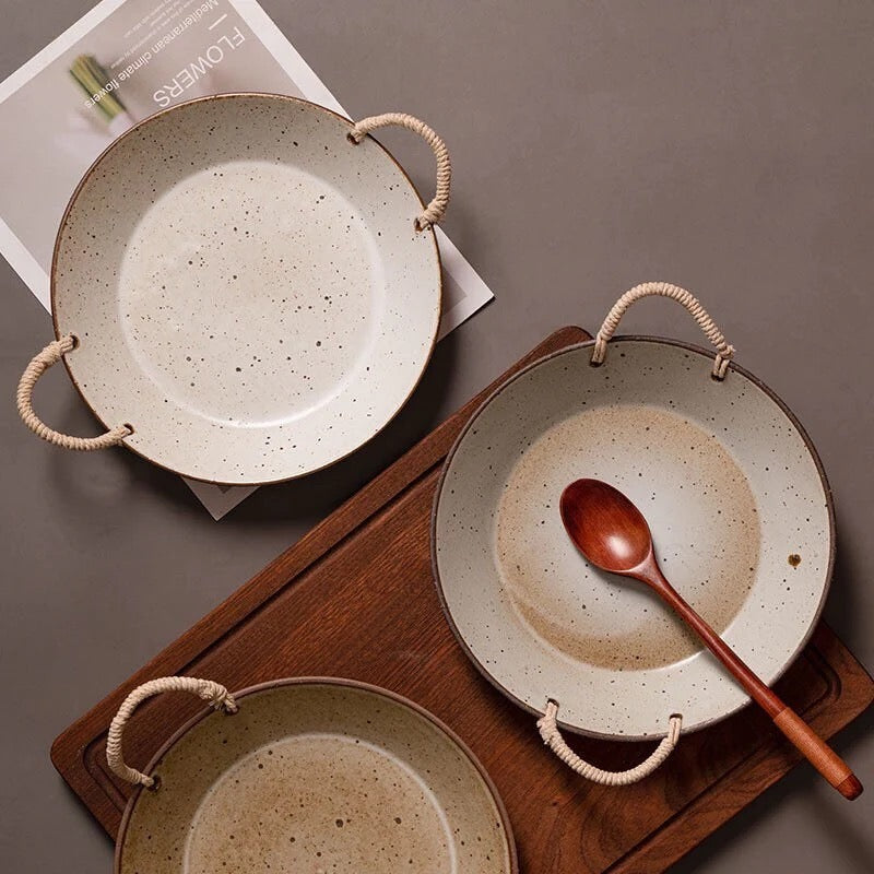 Ceramic Pasta Bowl with Rattan Handle