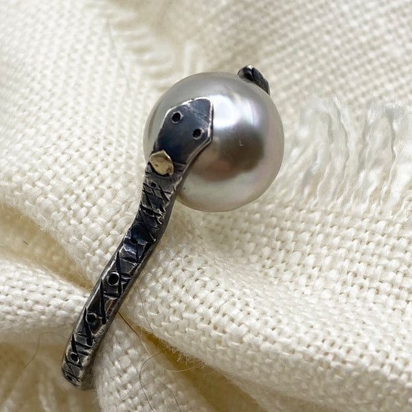 Silver Tahitian Pearl on Sterling Snake Ring- Size 6