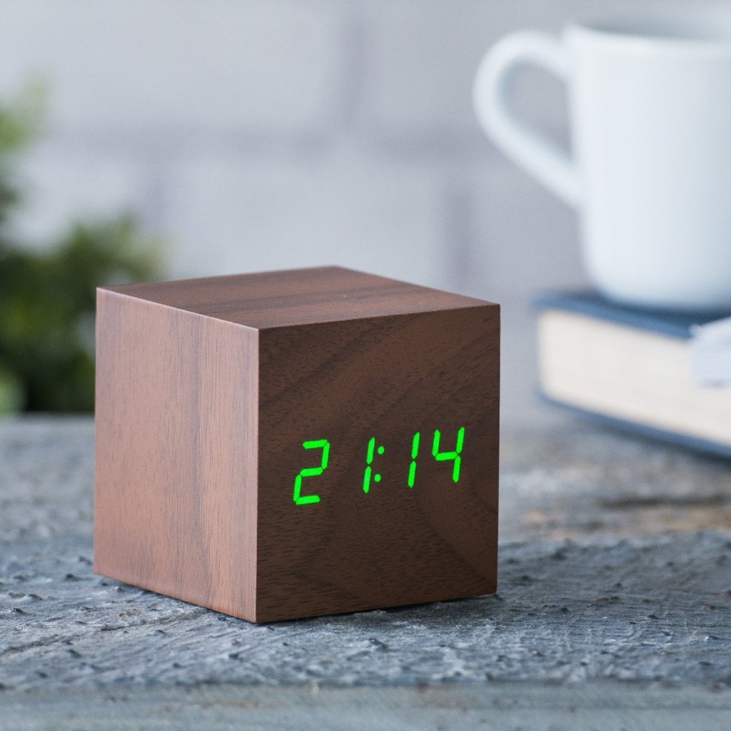 Cube Click Clock - Walnut with Green LED Gingko Electronics