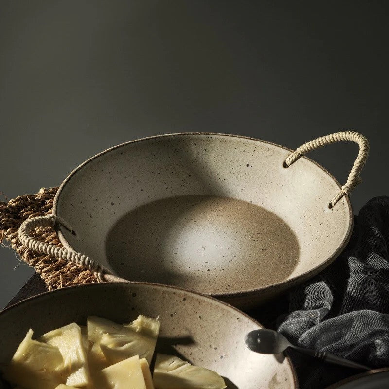 Ceramic Pasta Bowl with Rattan Handle