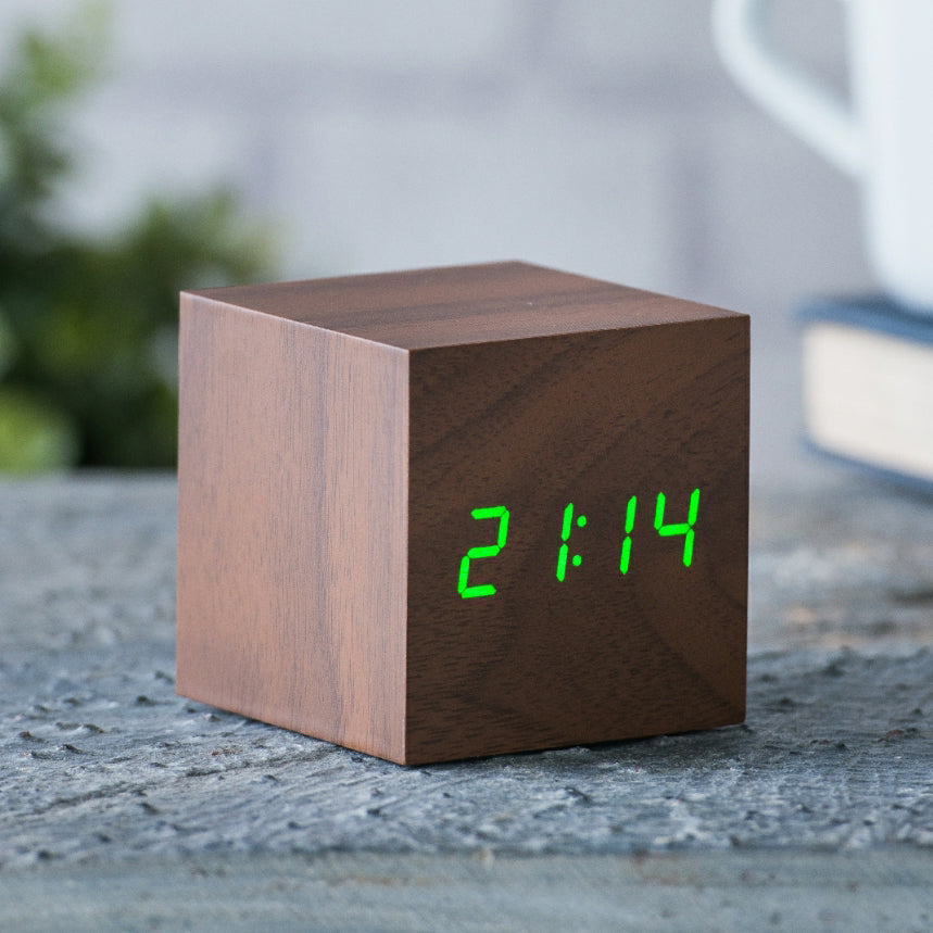 Cube Click Clock - Walnut with Green LED Gingko Electronics